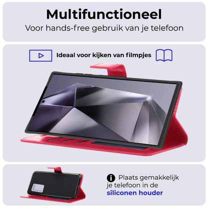 Samsung S24 Ultra Hoesje Bookcase Cover met Kaarthouder - Donkerroze