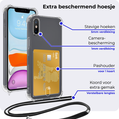 iPhone Xs Max Hoesje Kaarthouder met Koord Backcover Shockproof - Transparant