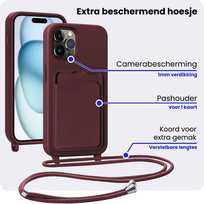iPhone 14 Pro Hoesje Met Telefoonkoord en Pasjeshouder Siliconen - Aubergine