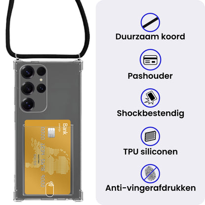 Samsung S25 Ultra Hoesje Kaarthouder met Koord Backcover Shockproof - Transparant