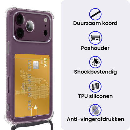 iPhone 18 Pro Max Hoesje Kaarthouder met Koord Backcover Shockproof - Transparant