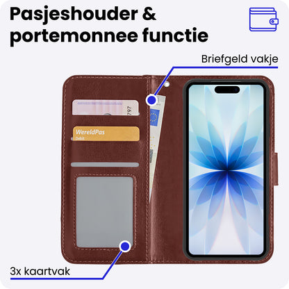 iPhone 17 Hoesje Bookcase Cover met Kaarthouder - Bruin