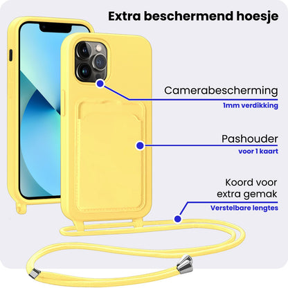 iPhone 13 Pro Hoesje Met Telefoonkoord en Pasjeshouder Siliconen - Geel