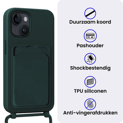 iPhone 15 Hoesje Met Telefoonkoord en Pasjeshouder Siliconen - Donkergroen