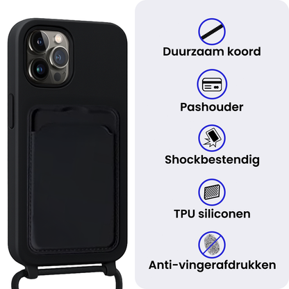 iPhone 14 Pro Max Hoesje Met Telefoonkoord en Pasjeshouder Siliconen - Zwart