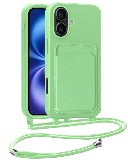 iPhone 16 Plus Hoesje Met Telefoonkoord en Pasjeshouder Siliconen - Groen