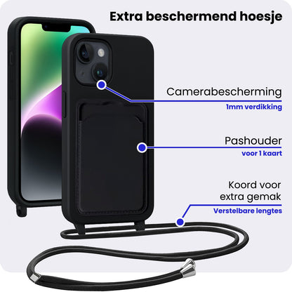 iPhone 14 Hoesje Met Telefoonkoord en Pasjeshouder Siliconen - Zwart