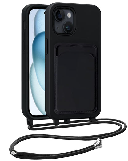 iPhone 15 Plus Hoesje Met Telefoonkoord en Pasjeshouder Siliconen - Zwart