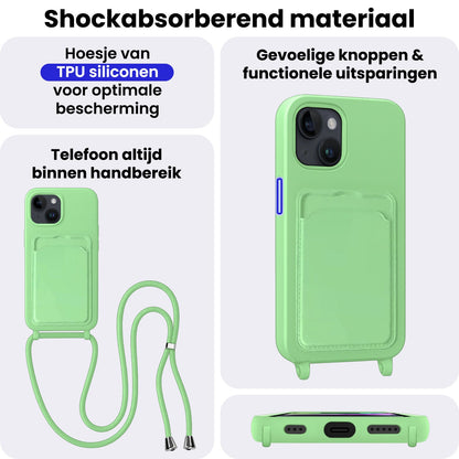 iPhone 13 Hoesje Met Telefoonkoord en Pasjeshouder Siliconen - Groen