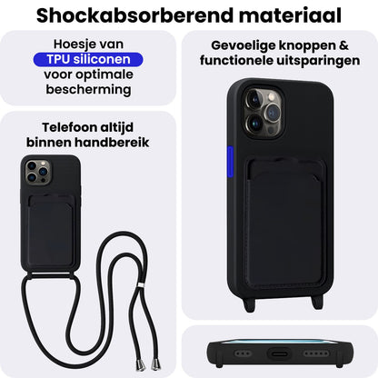 iPhone 14 Pro Hoesje Met Telefoonkoord en Pasjeshouder Siliconen - Zwart