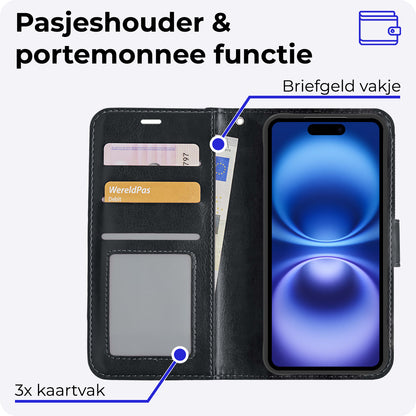 iPhone 16 Plus Hoesje Bookcase Cover met Kaarthouder - Zwart