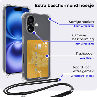 iPhone 16 Plus Hoesje Kaarthouder met Koord Backcover Shockproof - Transparant