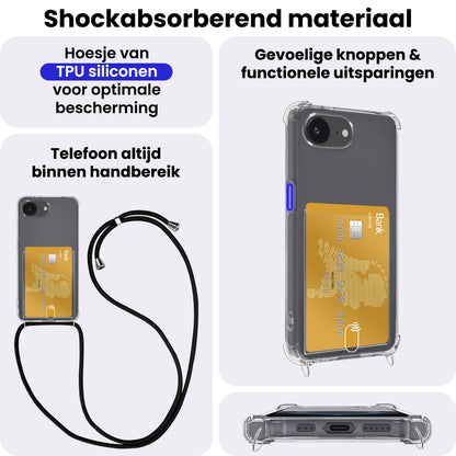 iPhone 16e Hoesje Kaarthouder met Koord Backcover Shockproof - Transparant