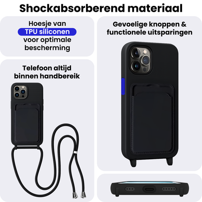 iPhone 14 Pro Max Hoesje Met Telefoonkoord en Pasjeshouder Siliconen - Zwart