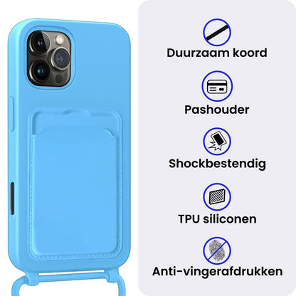 iPhone 16 Pro Hoesje Met Telefoonkoord en Pasjeshouder Siliconen - Lichtblauw
