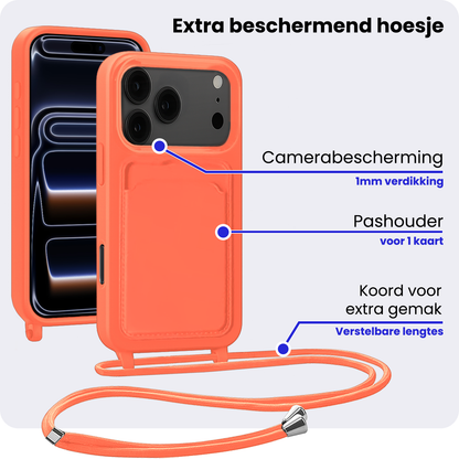 iPhone 17 Pro Max Hoesje Met Telefoonkoord en Pasjeshouder Siliconen - Papaya