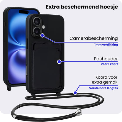 iPhone 16 Plus Hoesje Met Telefoonkoord en Pasjeshouder Siliconen - Zwart