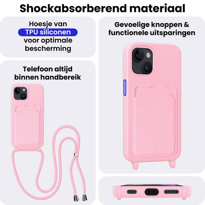 iPhone 13 Hoesje Met Telefoonkoord en Pasjeshouder Siliconen - Lichtroze