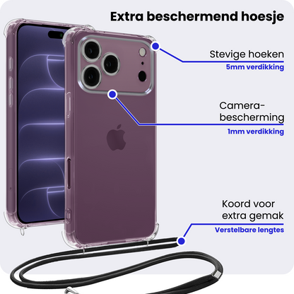 iPhone 18 Pro Hoesje met Koord Backcover Shockproof - Transparant