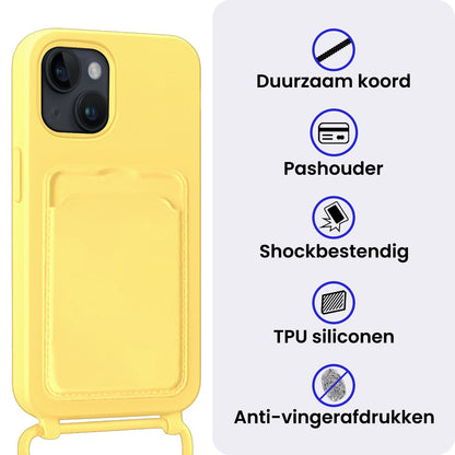 iPhone 15 Hoesje Met Telefoonkoord en Pasjeshouder Siliconen - Geel