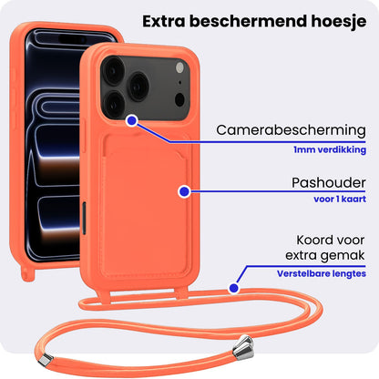 iPhone 17 Pro Hoesje Met Telefoonkoord en Pasjeshouder Siliconen - Papaya