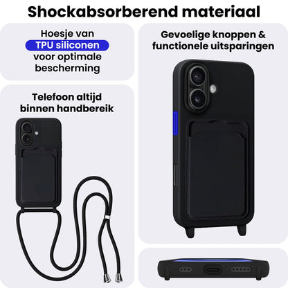 iPhone 16 Hoesje Met Telefoonkoord en Pasjeshouder Siliconen - Zwart