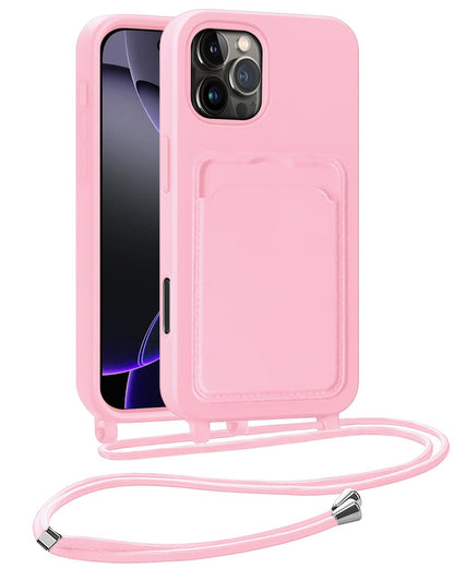 iPhone 16 Pro Max Hoesje Met Telefoonkoord en Pasjeshouder Siliconen - Lichtroze