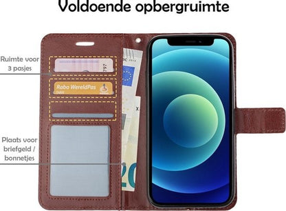 iPhone 12 Hoesje Bookcase Cover met Kaarthouder - Bruin