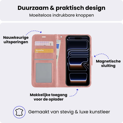 iPhone 17 Pro Hoesje Bookcase Cover met Kaarthouder - Rosé goud