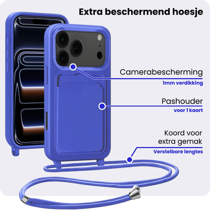 iPhone 17 Pro Max Hoesje Met Telefoonkoord en Pasjeshouder Siliconen - Felblauw