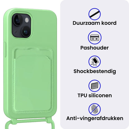 iPhone 14 Hoesje Met Telefoonkoord en Pasjeshouder Siliconen - Groen