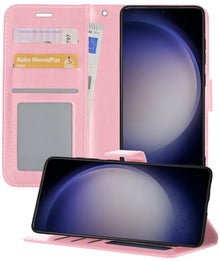 Samsung S23 Ultra Hoesje Bookcase Cover met Kaarthouder - Lichtroze