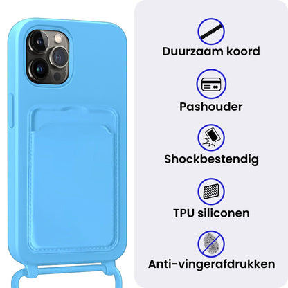 iPhone 14 Pro Max Hoesje Met Telefoonkoord en Pasjeshouder Siliconen - Lichtblauw