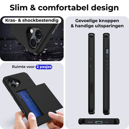 iPhone 16 Hoesje Kaarthouder Hard Case Shockproof - Zwart