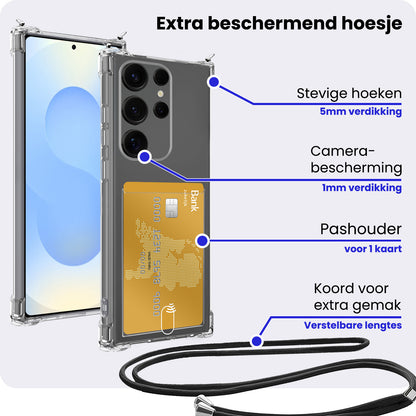 Samsung S25 Ultra Hoesje Kaarthouder met Koord Backcover Shockproof - Transparant