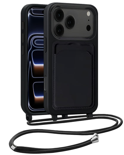 iPhone 17 Pro Hoesje Met Telefoonkoord en Pasjeshouder Siliconen - Zwart