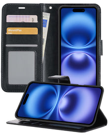 iPhone 16 Hoesje Bookcase Cover met Kaarthouder - Zwart