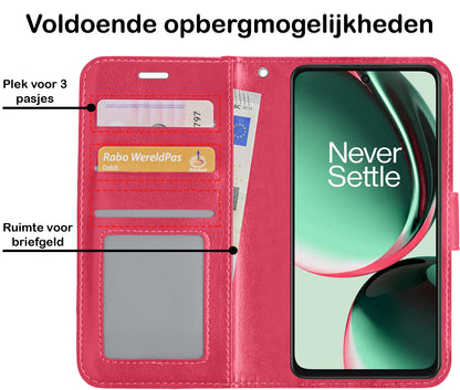 OnePlus Nord CE 3 Lite Hoesje Bookcase Cover met Kaarthouder - Donkerroze