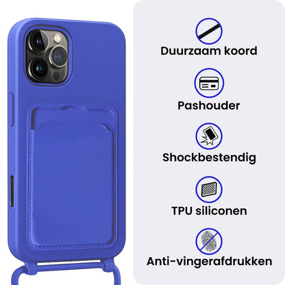 iPhone 16 Pro Hoesje Met Telefoonkoord en Pasjeshouder Siliconen - Felblauw