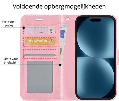 iPhone 15 Hoesje Bookcase Cover met Kaarthouder - Lichtroze