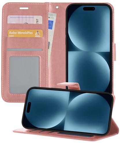 iPhone 15 Plus Hoesje Bookcase Cover met Kaarthouder - Rosé goud