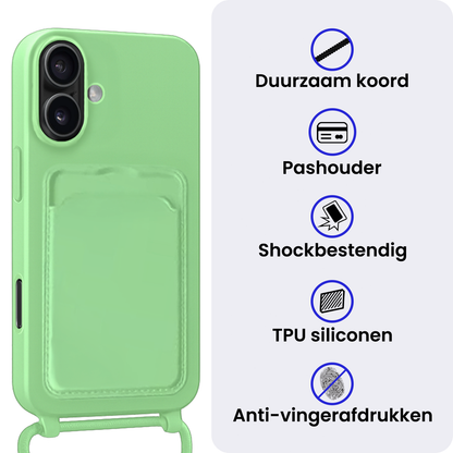 iPhone 16 Plus Hoesje Met Telefoonkoord en Pasjeshouder Siliconen - Groen
