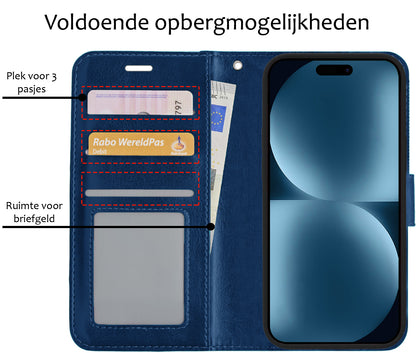iPhone 15 Plus Hoesje Bookcase Cover met Kaarthouder - Donkerblauw