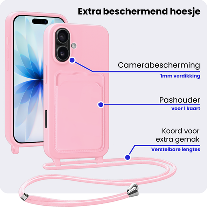 iPhone 17 Hoesje Met Telefoonkoord en Pasjeshouder Siliconen - Lichtroze