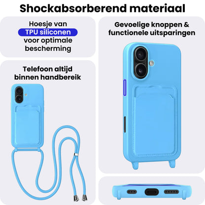 iPhone 16 Plus Hoesje Met Telefoonkoord en Pasjeshouder Siliconen - Lichtblauw