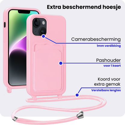iPhone 13 Hoesje Met Telefoonkoord en Pasjeshouder Siliconen - Lichtroze