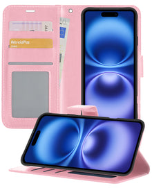 iPhone 16 Plus Hoesje Bookcase Cover met Kaarthouder - Lichtroze