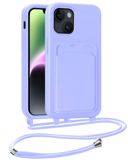 iPhone 14 Plus Hoesje Met Telefoonkoord en Pasjeshouder Siliconen - Lila