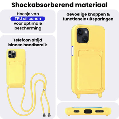 iPhone 14 Pro Hoesje Met Telefoonkoord en Pasjeshouder Siliconen - Geel