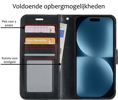 iPhone 15 Plus Hoesje Bookcase Cover met Kaarthouder - Zwart